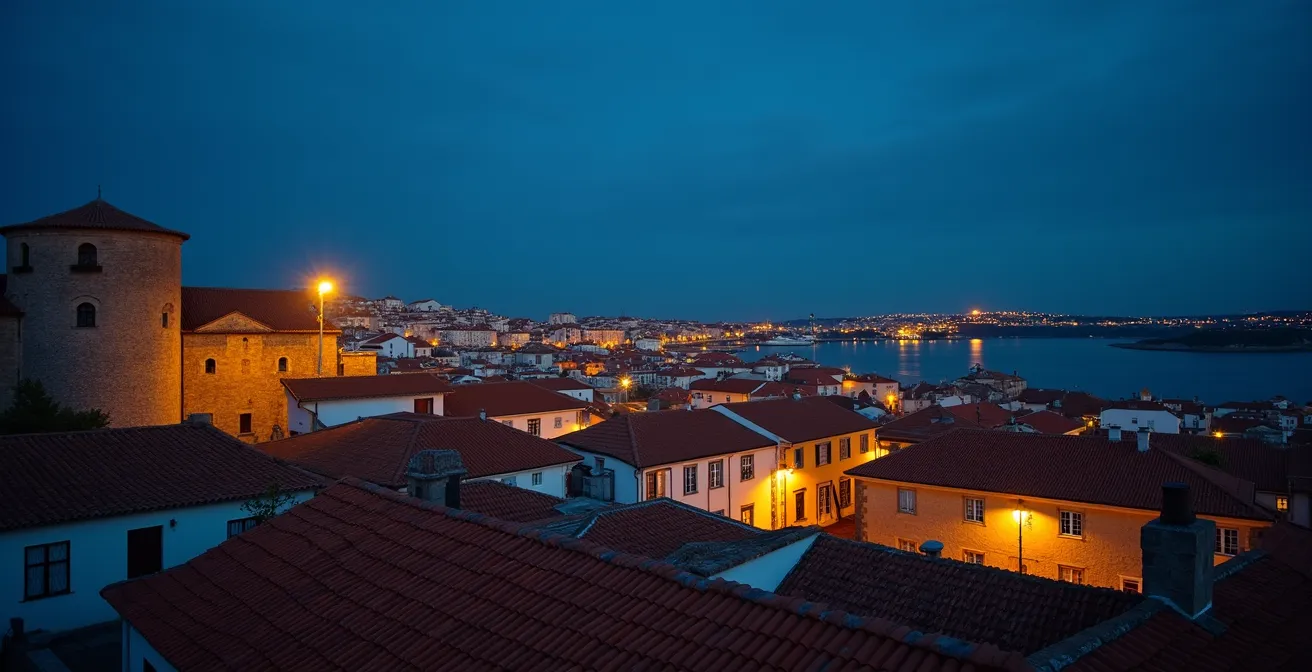 Vue panoramique de l'Alfama pendant l'heure bleue avec les lumières chaudes des rues et le Tage en arrière-plan