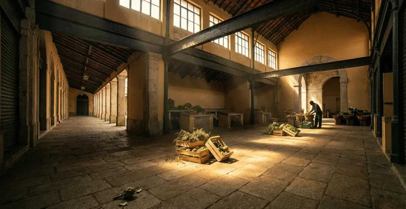 Allée calme d'un marché portugais en milieu de journée avec belle lumière naturelle