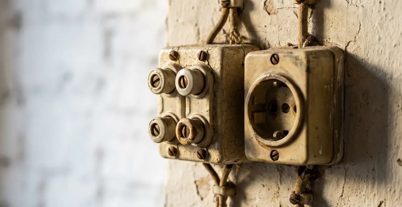 Gros plan sur des fils électriques et prises murales dans un appartement portugais ancien