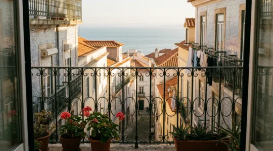 Vue ensoleillée d'un balcon portugais typique avec azulejos et vue sur mer