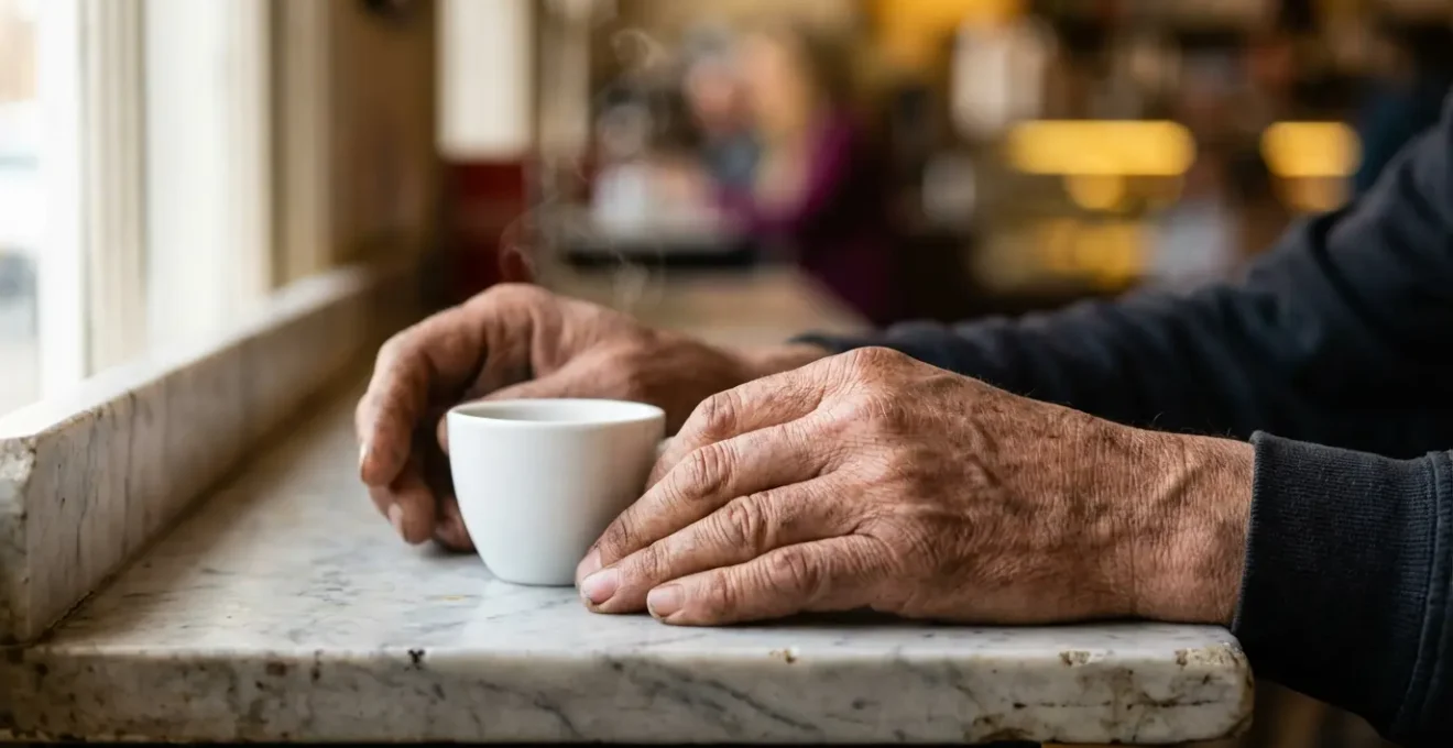 Gros plan sur des mains posées sur un comptoir de marbre avec une tasse de café portugais