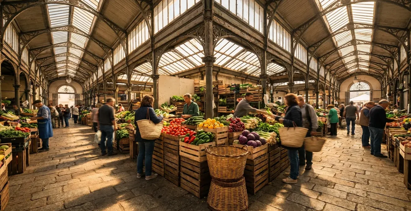 Vue panoramique d'un marché municipal portugais animé avec ses étals colorés de fruits et légumes