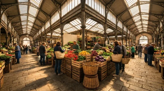 Vue panoramique d'un marché municipal portugais animé avec ses étals colorés de fruits et légumes