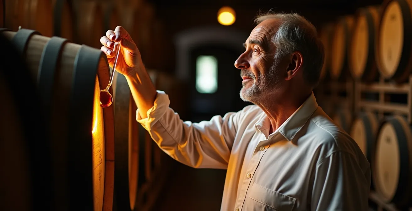 Maître assembleur examinant la couleur d'un Porto Tawny dans une pipette en verre
