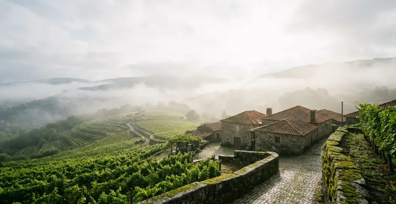 Paysage verdoyant du Minho avec brume matinale, architecture de granit et vignobles en pergola