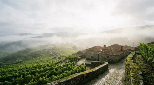 Paysage verdoyant du Minho avec brume matinale, architecture de granit et vignobles en pergola