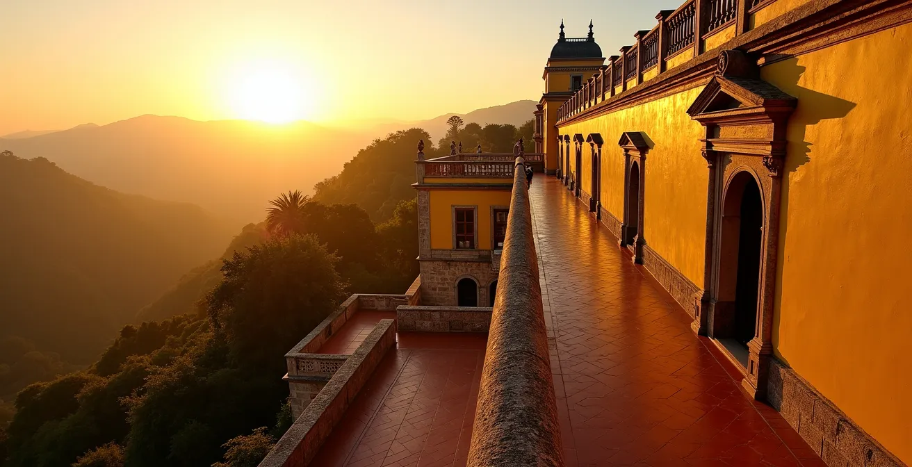 Terrasses colorées du Palais de Pena baignées dans la lumière dorée de fin d'après-midi avec peu de visiteurs