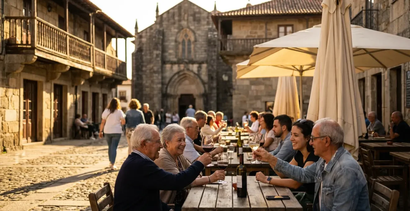 Terrasses animées du Largo da Oliveira à Guimarães en fin d'après-midi avec architecture médiévale