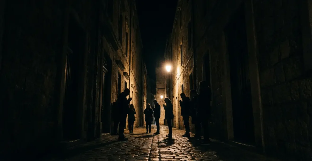 Public dans l'ombre écoutant en silence absolu une sérénade de Fado de Coimbra dans une ruelle nocturne