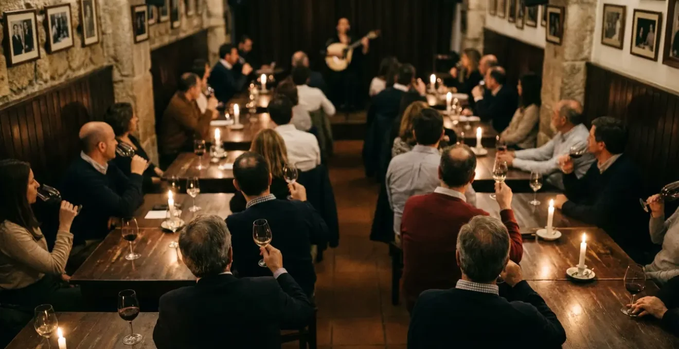 Audience silencieuse et recueillie écoutant un fado dans une taverne traditionnelle