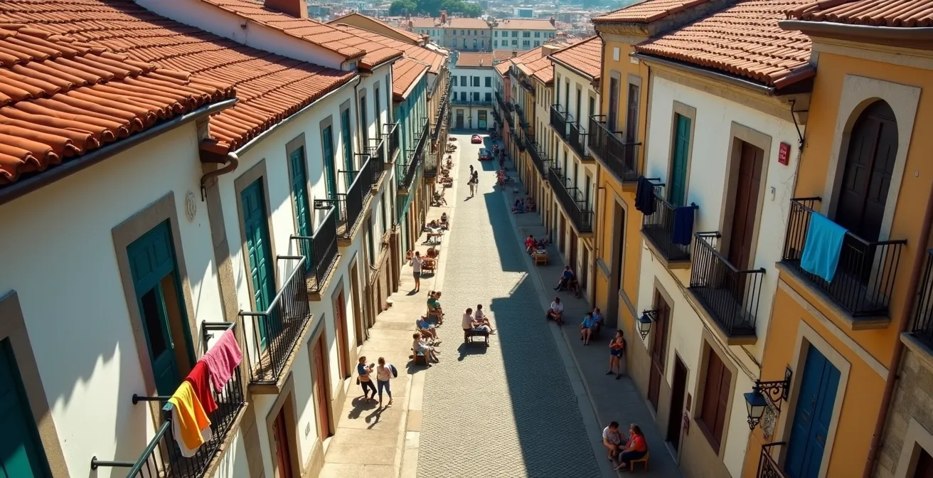 Vue aérienne d'un quartier portugais avec linge coloré aux fenêtres et habitants dans la rue