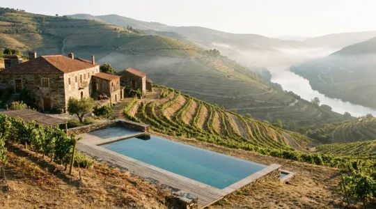 Vue panoramique d'une quinta traditionnelle portugaise nichée dans les vignobles en terrasses du Douro au coucher de soleil