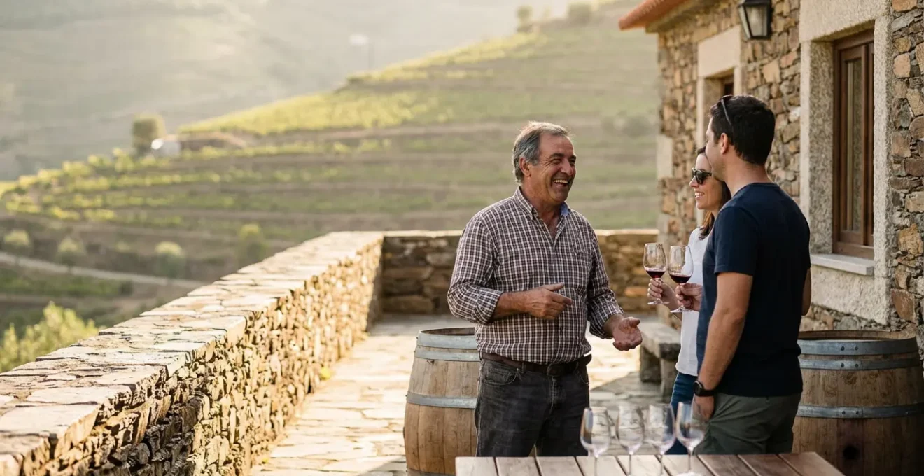 Vue d'une quinta traditionnelle portugaise avec visiteurs dégustant du vin