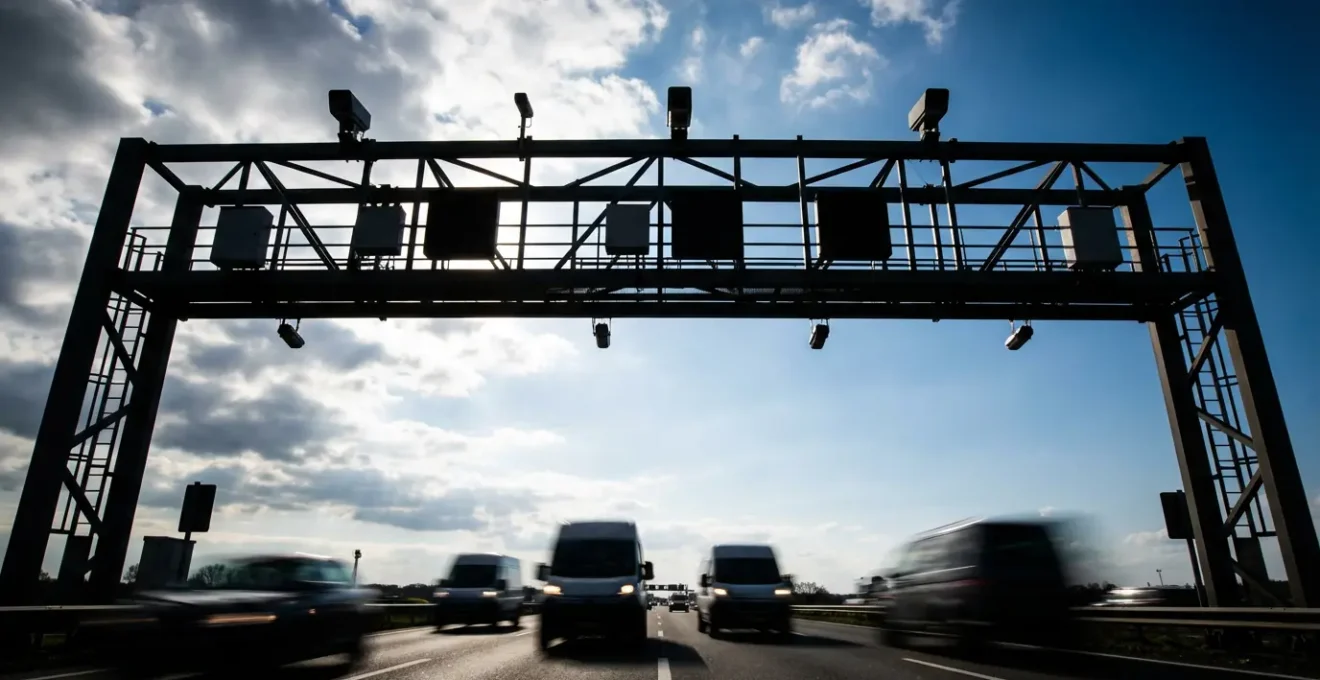 Portique de radar de vitesse moyenne sur autoroute portugaise avec plusieurs voies