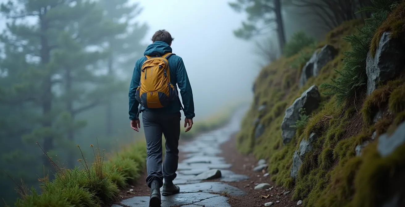 Randonneur de dos équipé de vêtements techniques dans la brume matinale de Sintra