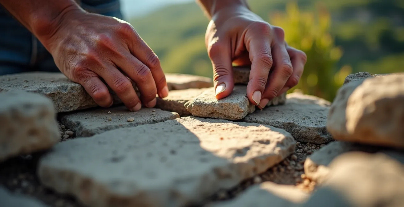 Artisan reconstruisant un mur de pierre sèche traditionnel dans les vignobles du Douro