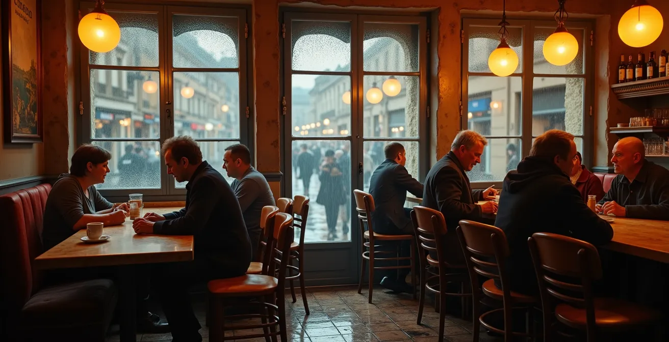 Intérieur chaleureux d'un café traditionnel de Porto avec clients se réchauffant