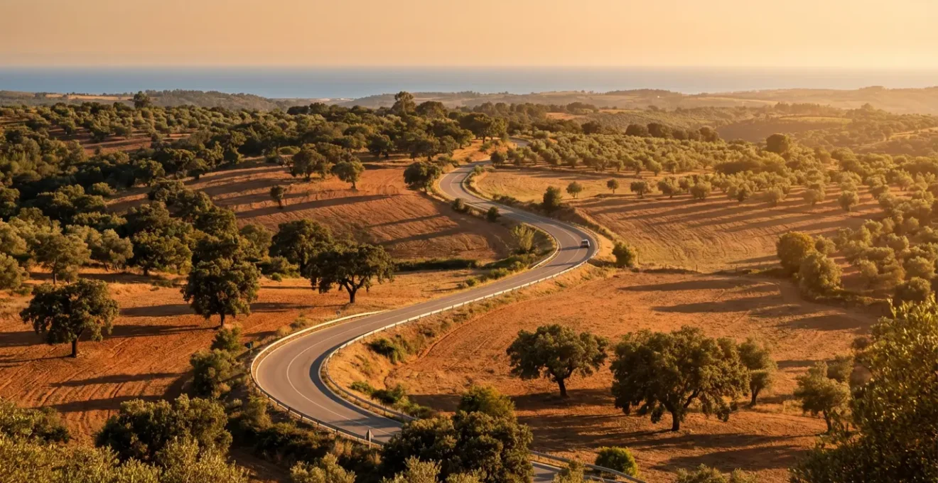 Route nationale portugaise serpentant à travers un paysage vallonné avec océan en arrière-plan