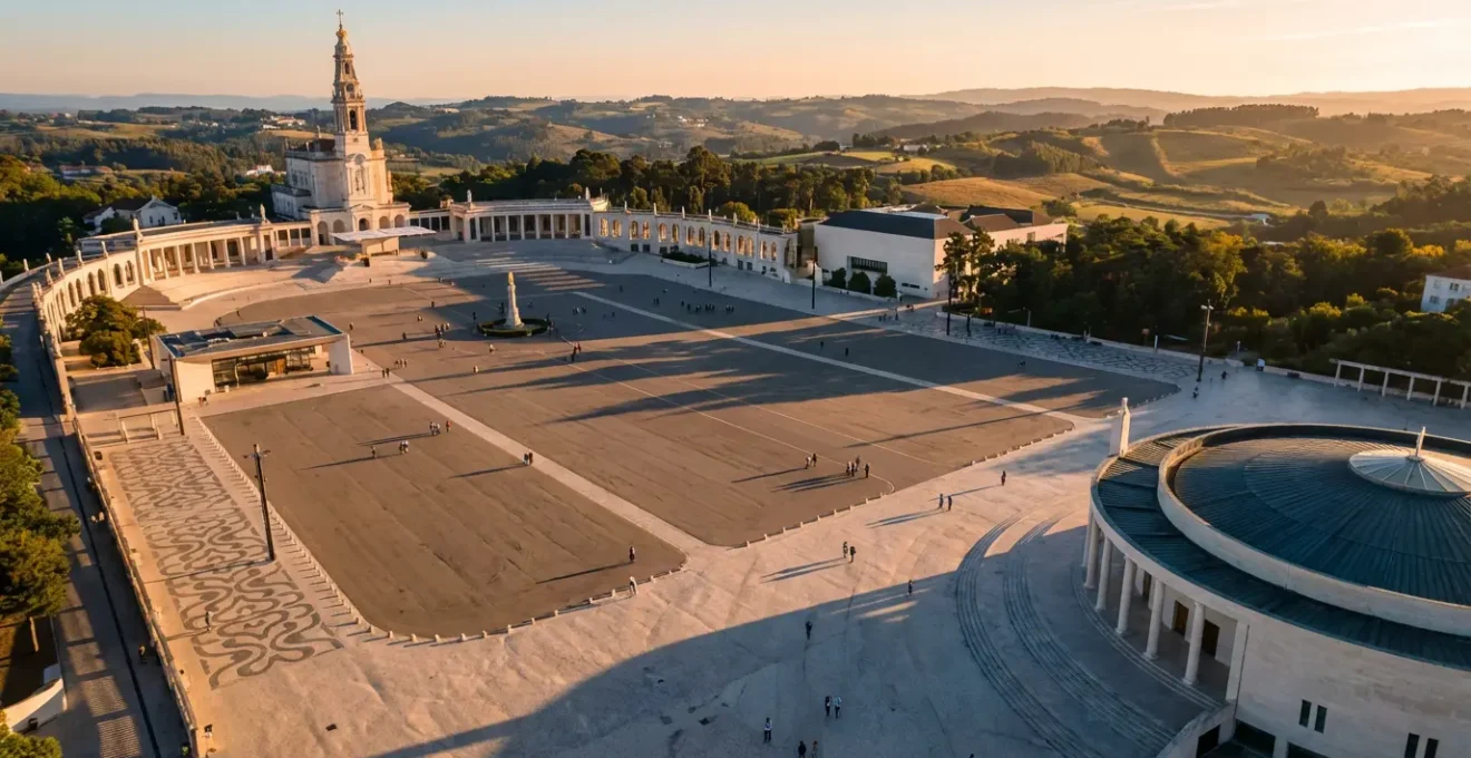 Vue aérienne du sanctuaire de Fatima avec l'immense esplanade entre les deux basiliques