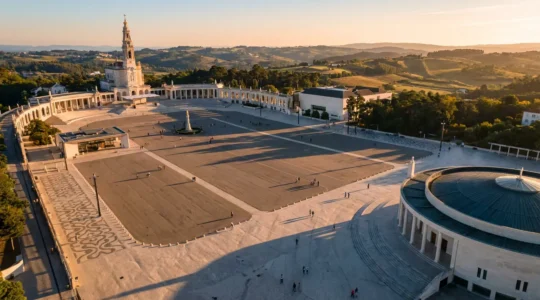 Vue aérienne du sanctuaire de Fatima avec l'immense esplanade entre les deux basiliques