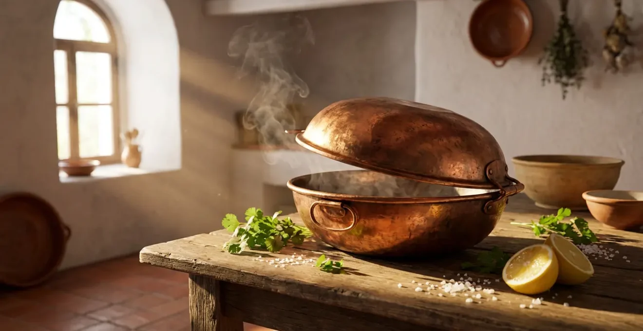 Cataplana en cuivre avec vapeurs aromatiques entourée d'herbes fraîches et de citrons sur une table rustique