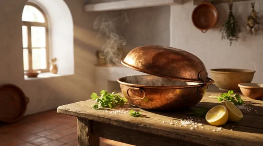 Cataplana en cuivre avec vapeurs aromatiques entourée d'herbes fraîches et de citrons sur une table rustique
