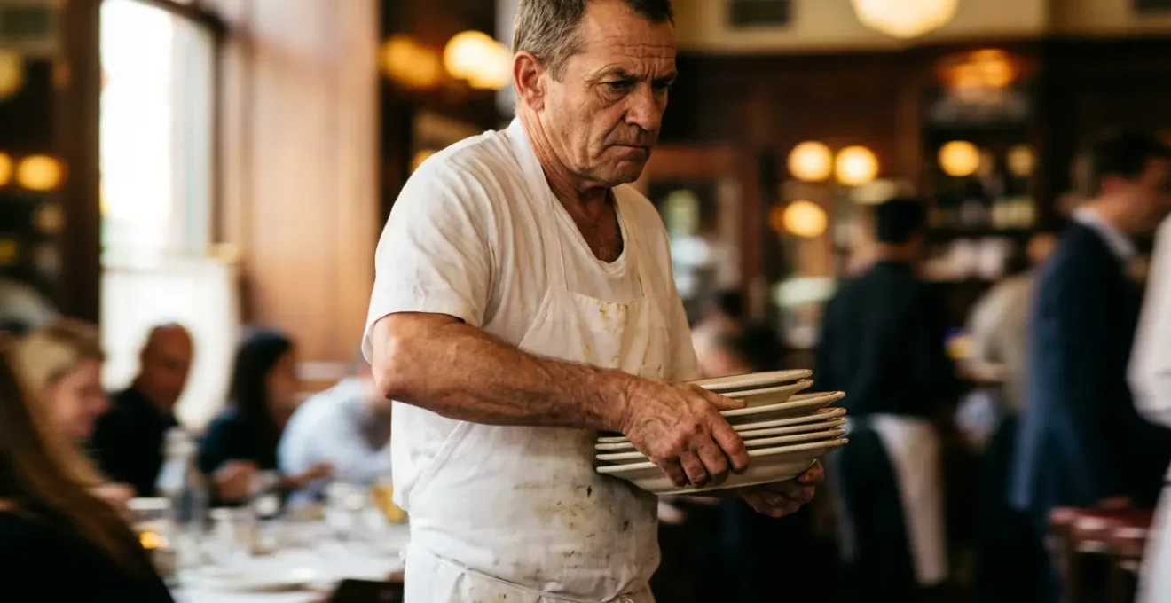 Serveur portugais en pleine action transportant plusieurs plats dans une tasca animée