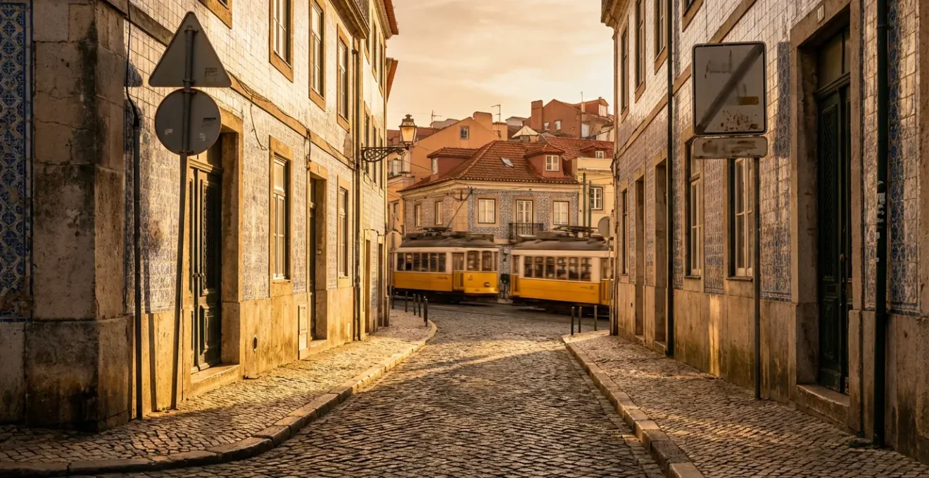 Scène de conduite portugaise montrant une rue étroite pavée avec signalisation locale et architecture traditionnelle
