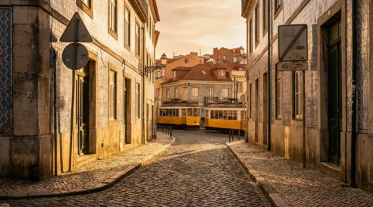 Scène de conduite portugaise montrant une rue étroite pavée avec signalisation locale et architecture traditionnelle
