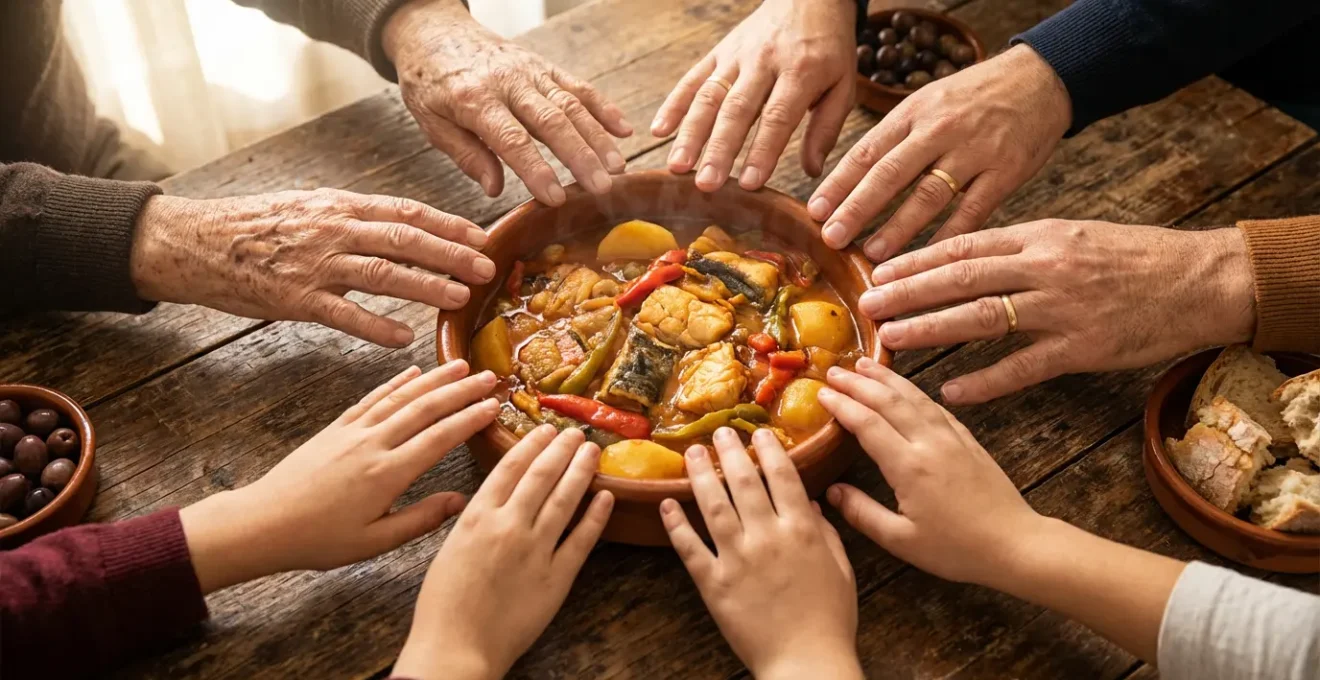 Vue aérienne d'une table familiale portugaise avec plusieurs mains partageant un plat traditionnel
