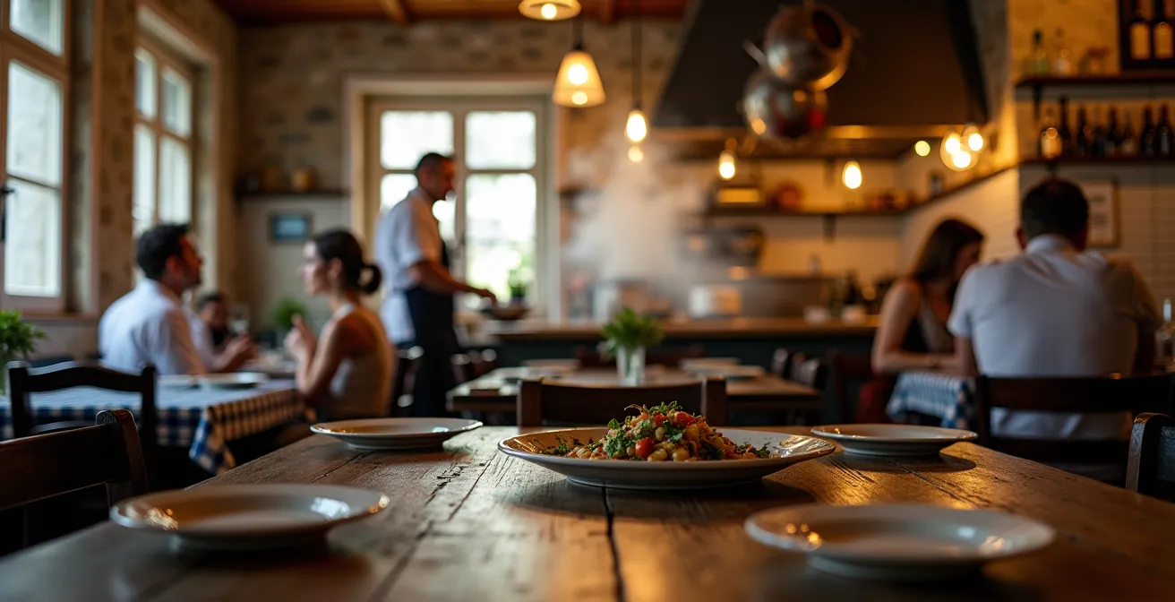 Intérieur d'une tasca traditionnelle portugaise avec cuisine ouverte et atmosphère locale