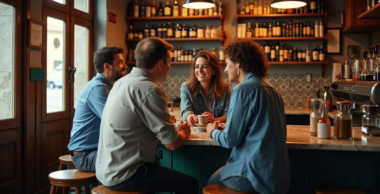 Intérieur authentique d'une tasca portugaise avec des habitués au comptoir