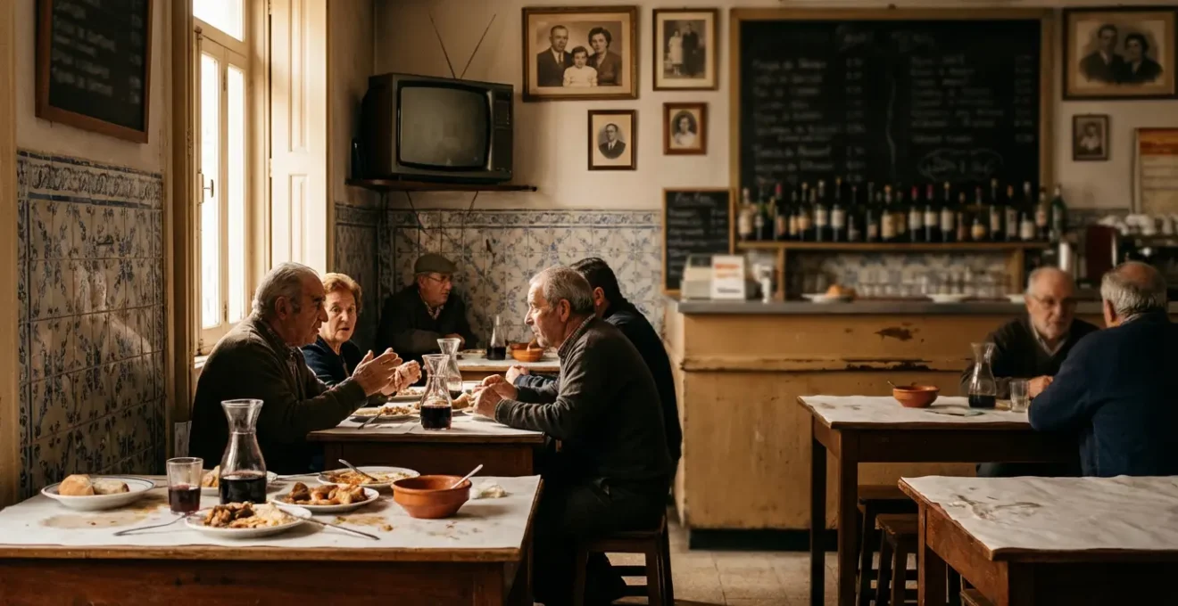 Intérieur d'une tasca portugaise traditionnelle avec ses nappes en papier, télévision au coin, et clients locaux partageant un repas