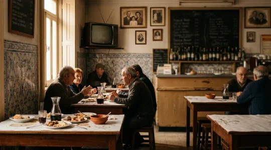Intérieur d'une tasca portugaise traditionnelle avec ses nappes en papier, télévision au coin, et clients locaux partageant un repas