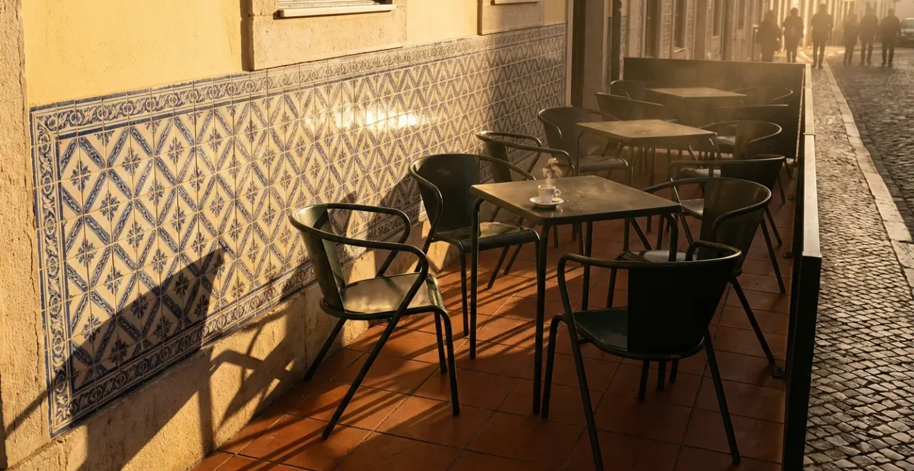 Vue plongeante d'une terrasse de café portugais au coucher du soleil avec des murs d'azulejos et des tables en fer forgé
