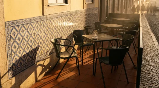 Vue plongeante d'une terrasse de café portugais au coucher du soleil avec des murs d'azulejos et des tables en fer forgé