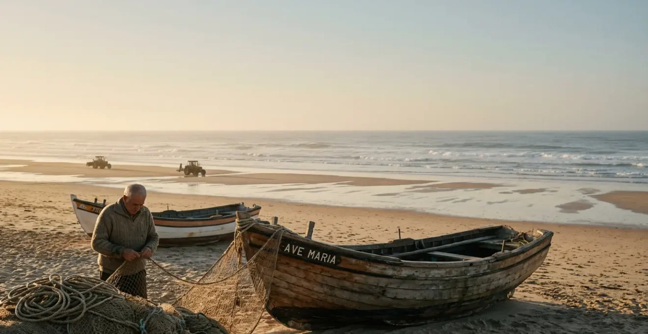 Pêcheur portugais réparant des filets traditionnels au coucher du soleil sur une plage atlantique