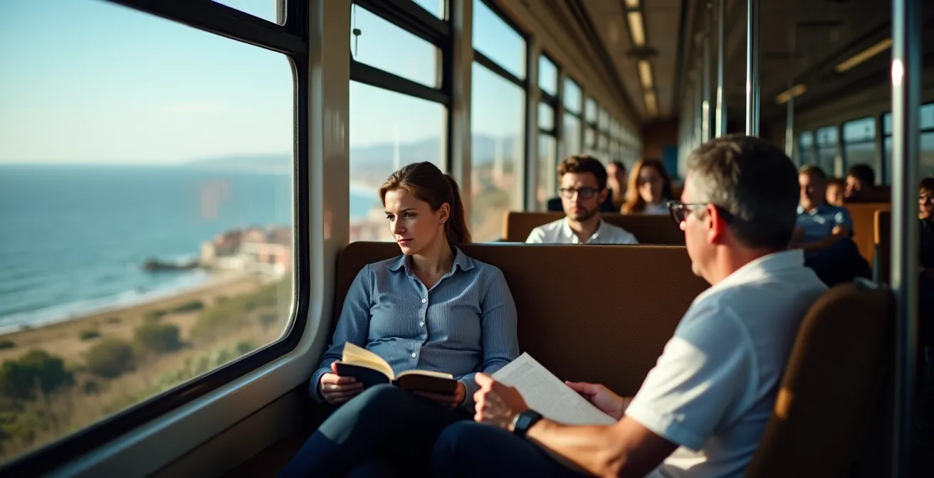 Intérieur du train de la ligne de Cascais avec vue sur l'océan par les fenêtres