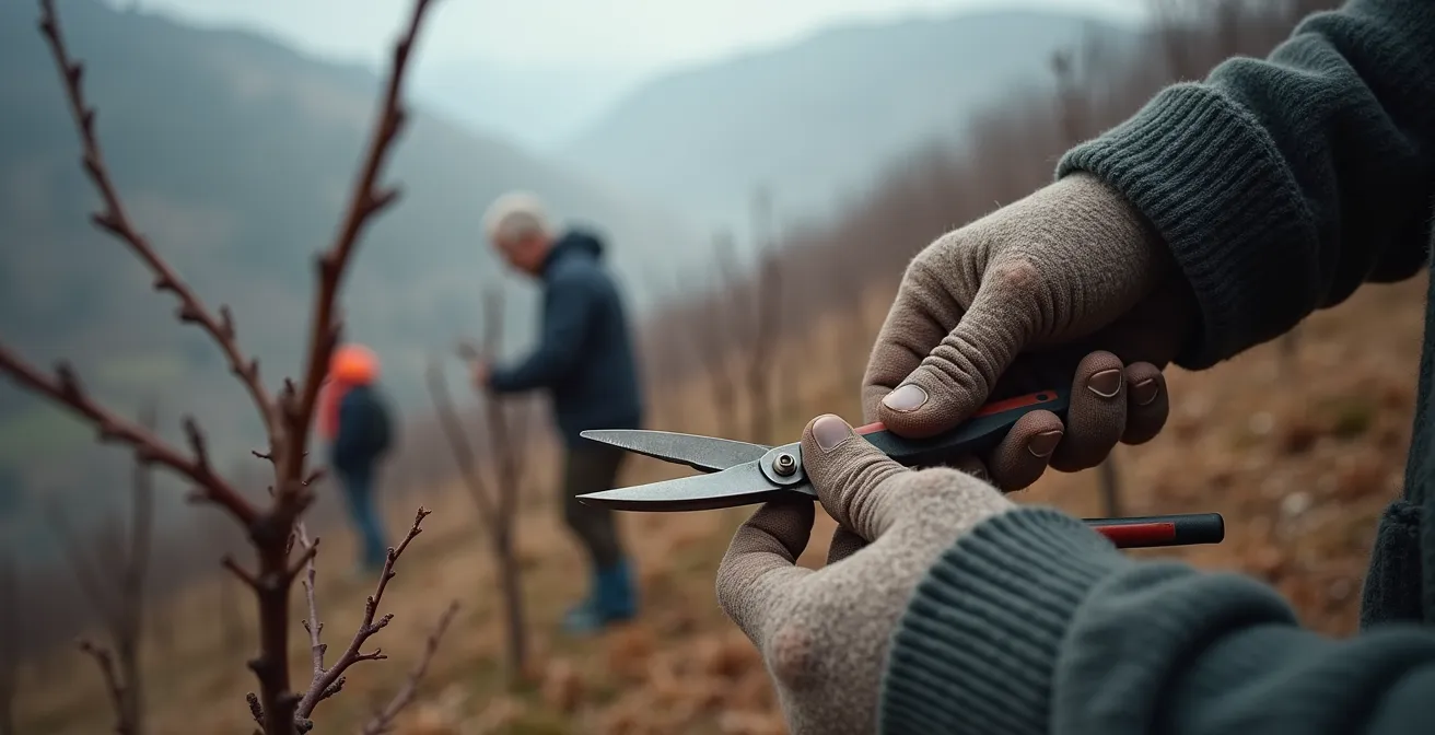 Vignerons taillant les vignes en hiver dans le Douro avec brume matinale