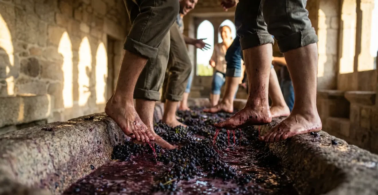 Participants foulant les raisins dans un lagar traditionnel en granite lors des vendanges au Douro