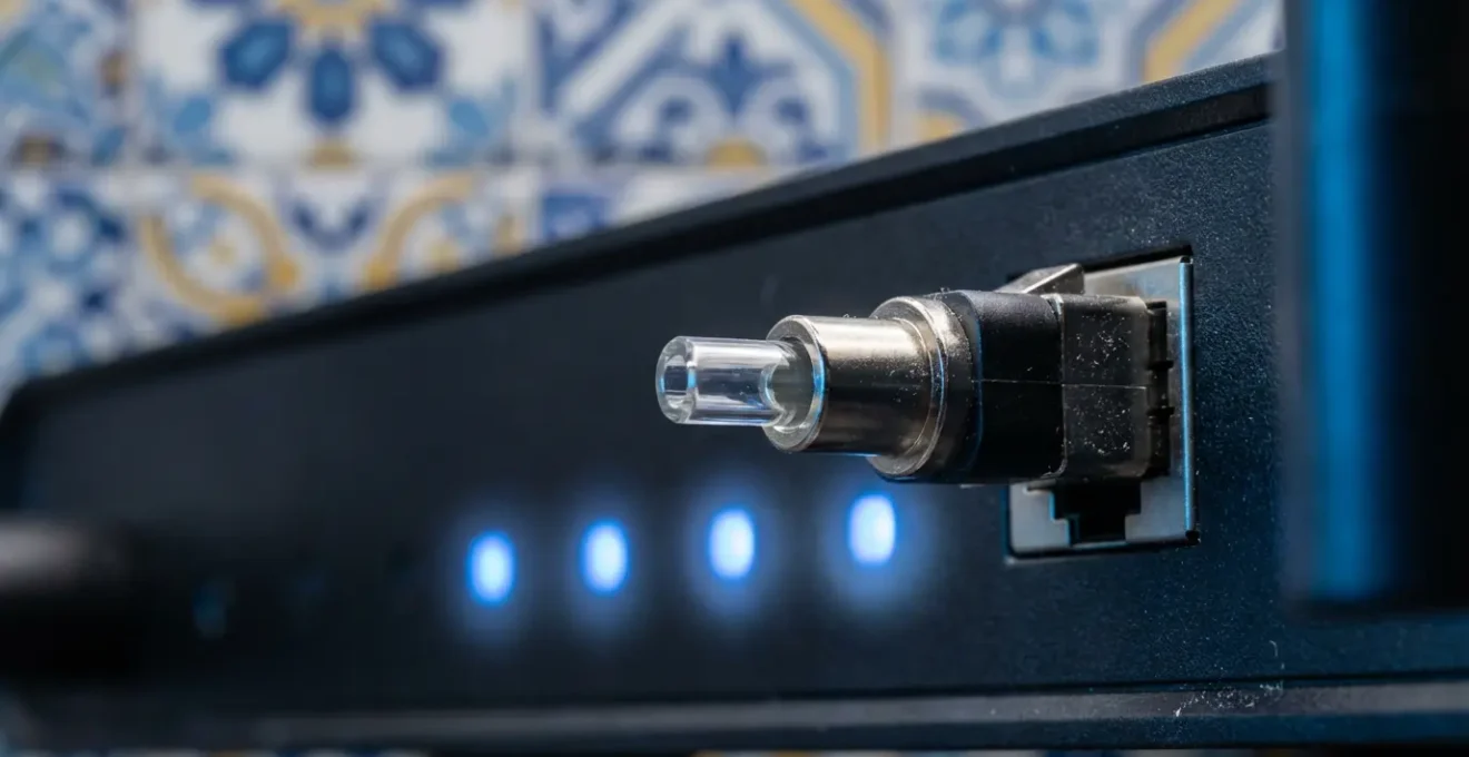 Gros plan sur un routeur fibre optique moderne dans un intérieur portugais