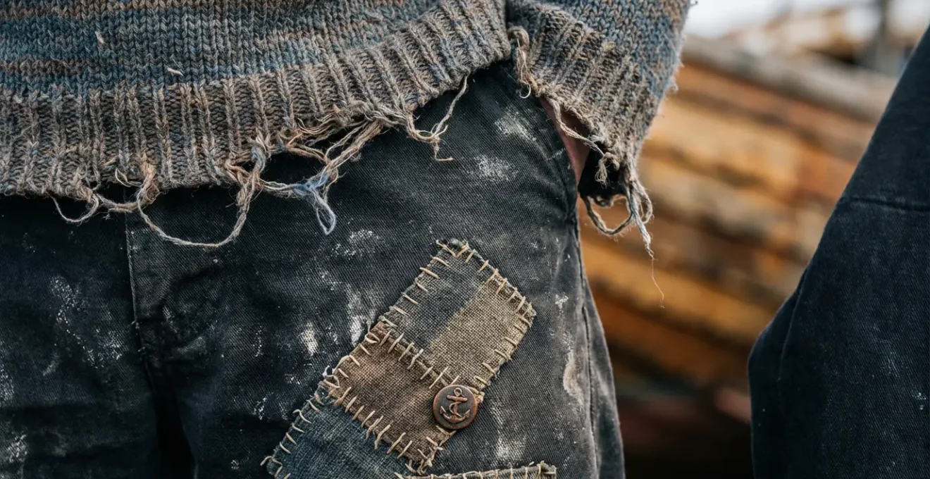Détail macro de vêtements de pêcheur avec traces d'usure et réparations