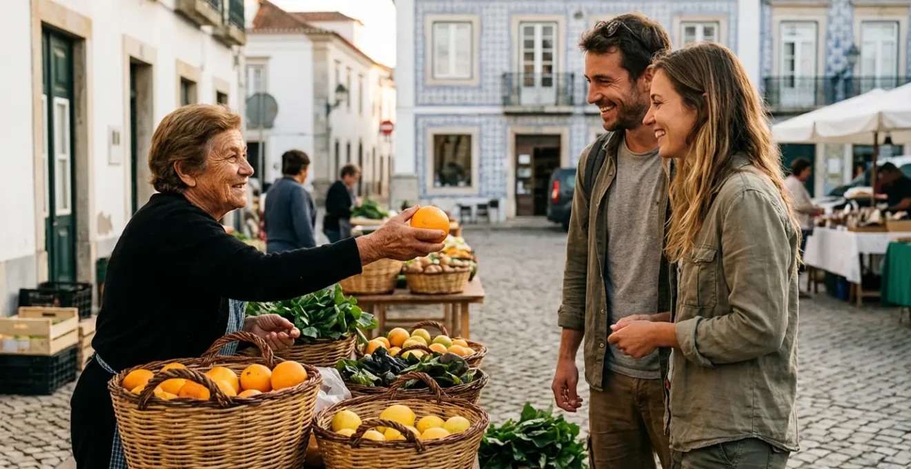 Une scène de marché local portugais avec une interaction chaleureuse entre un vendeur âgé et des voyageurs, sous la lumière dorée du matin