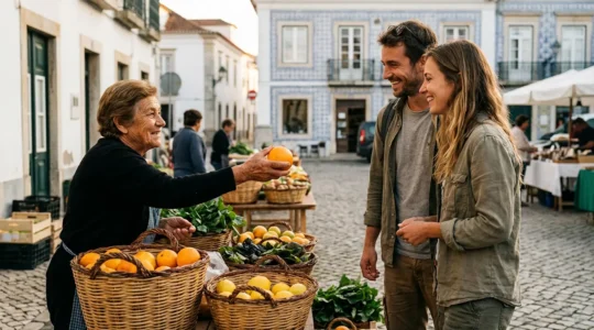 Une scène de marché local portugais avec une interaction chaleureuse entre un vendeur âgé et des voyageurs, sous la lumière dorée du matin