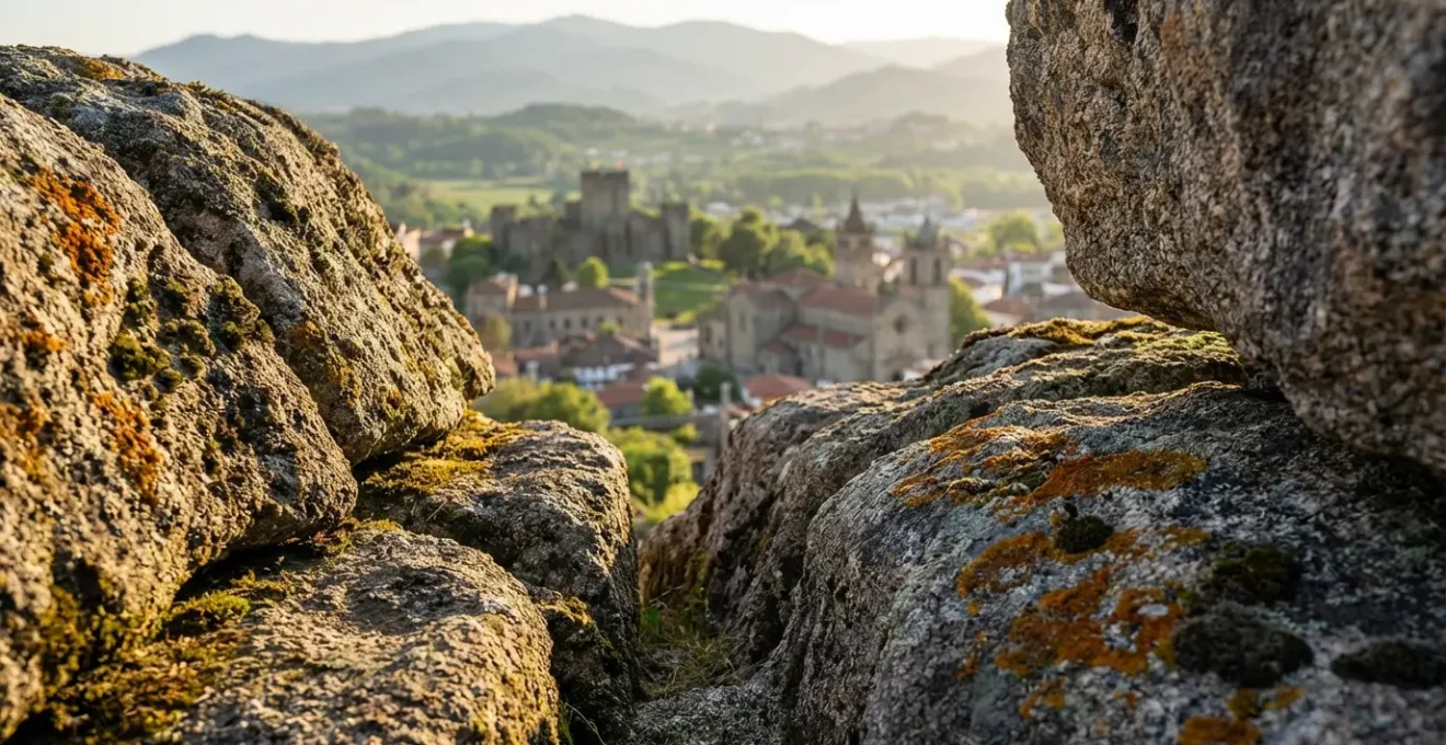 Vue aérienne spectaculaire de Guimarães depuis le Monte da Penha avec formations rocheuses au premier plan